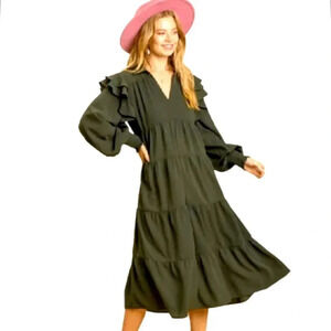 UMGEE BOHO OLIVE GREEN MIDI DRESS RUFFLE V NECK LONG SLEEVES SIZE SMALL